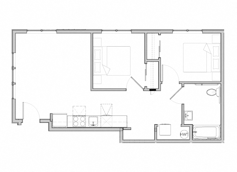 Floor plan for 2 beds, 1 bath, 618 sqft